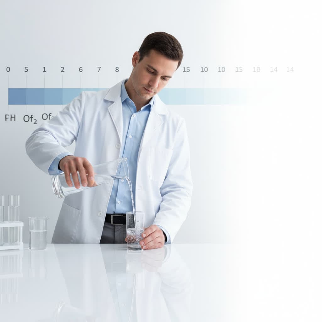 Pouring a glass of alkaline water with pH scale in the background