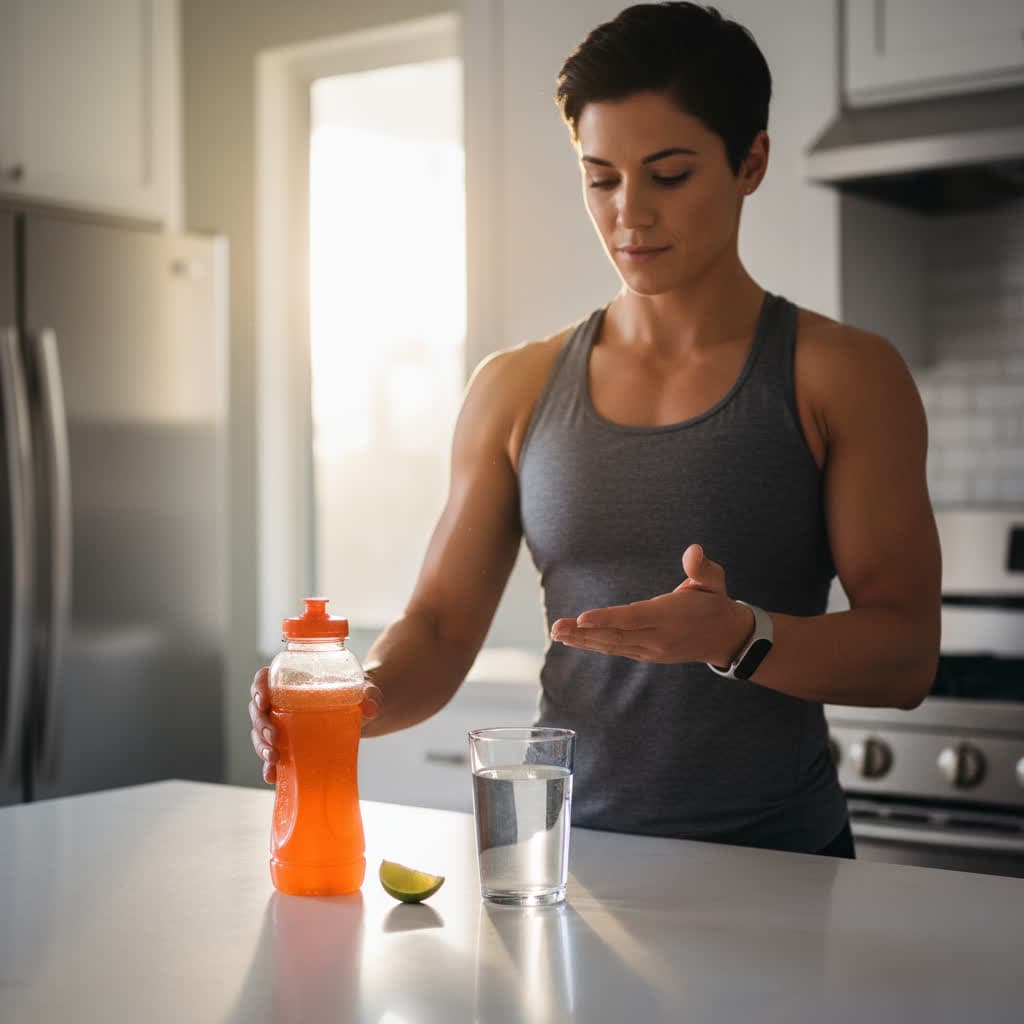 A sports drink and a glass of water side by side, illustrating hydration choices