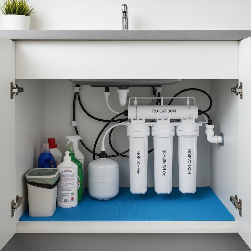 Under-sink reverse osmosis unit with labeled filter stages