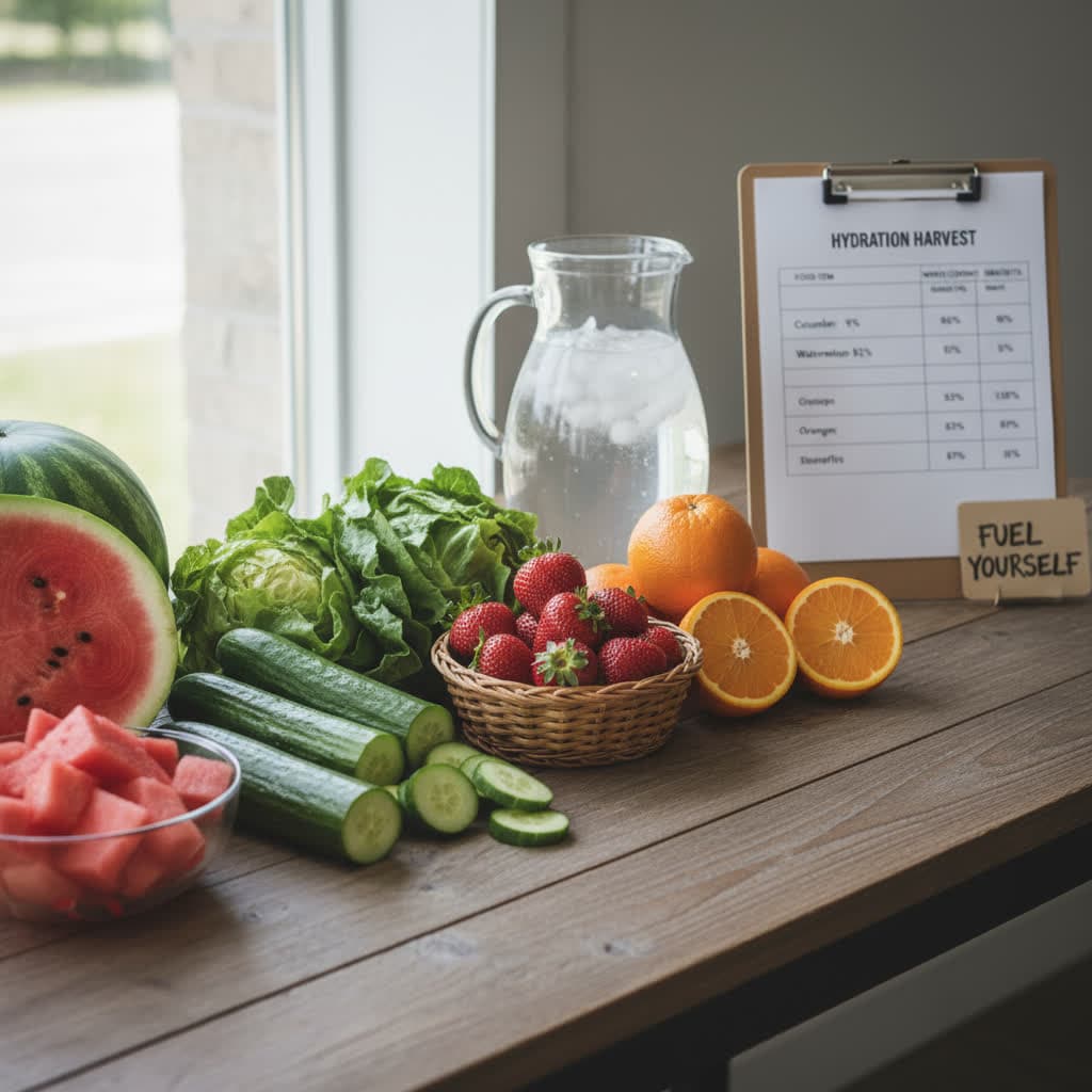 Water-rich foods including fruits and vegetables for natural hydration