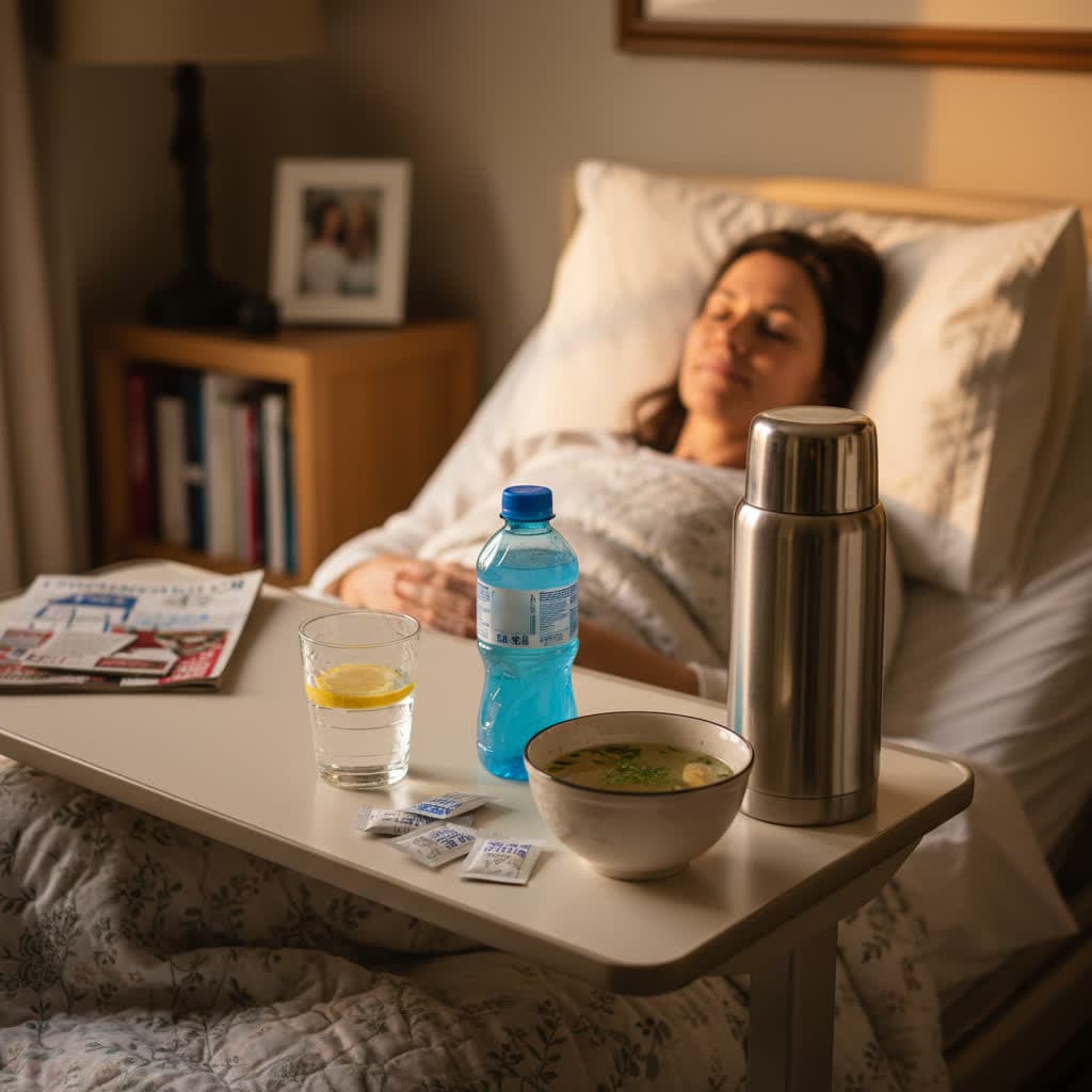 Hydration care during illness showing various fluid options and recovery tips