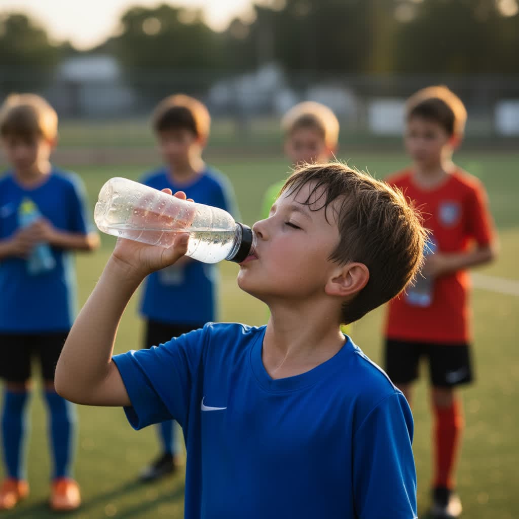 Child taking a water break during outdoor activities, demonstrating proper hydration habits for active kids
