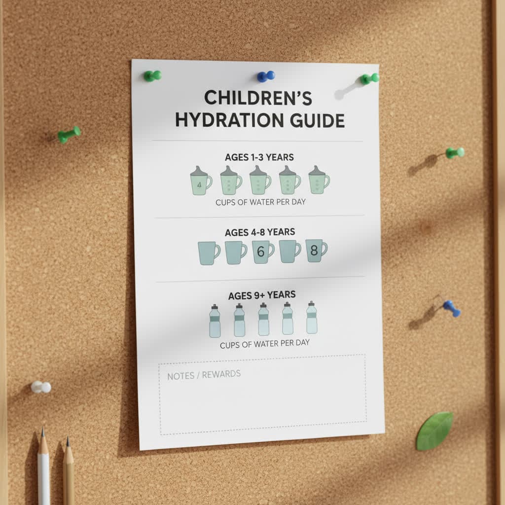 Comprehensive hydration chart showing daily water intake recommendations for children by age group from infants to teenagers