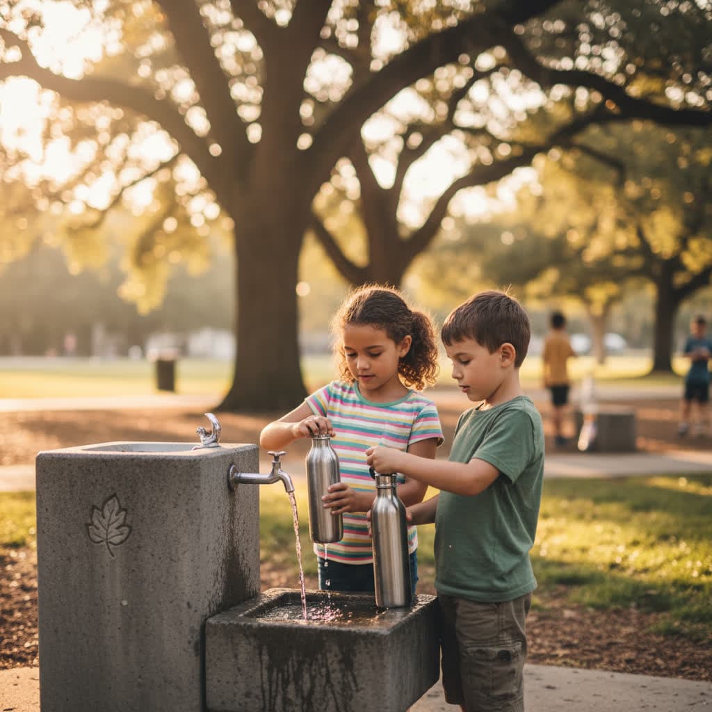Two children refilling water bottles at a park fountain
