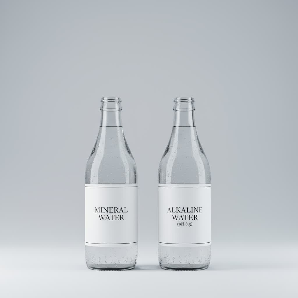 Two bottles: one labeled Mineral Water and one labeled Alkaline Water