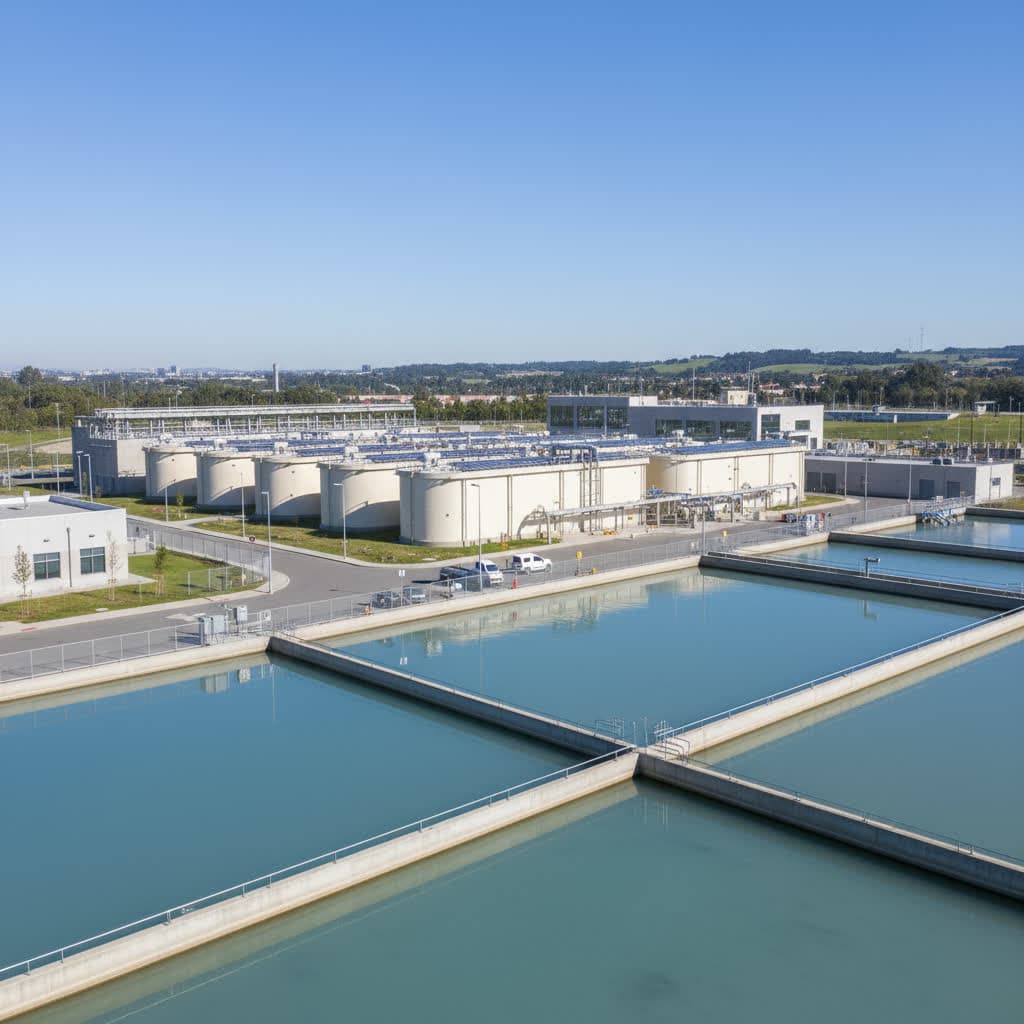 Municipal water treatment plant with filtration and disinfection stages