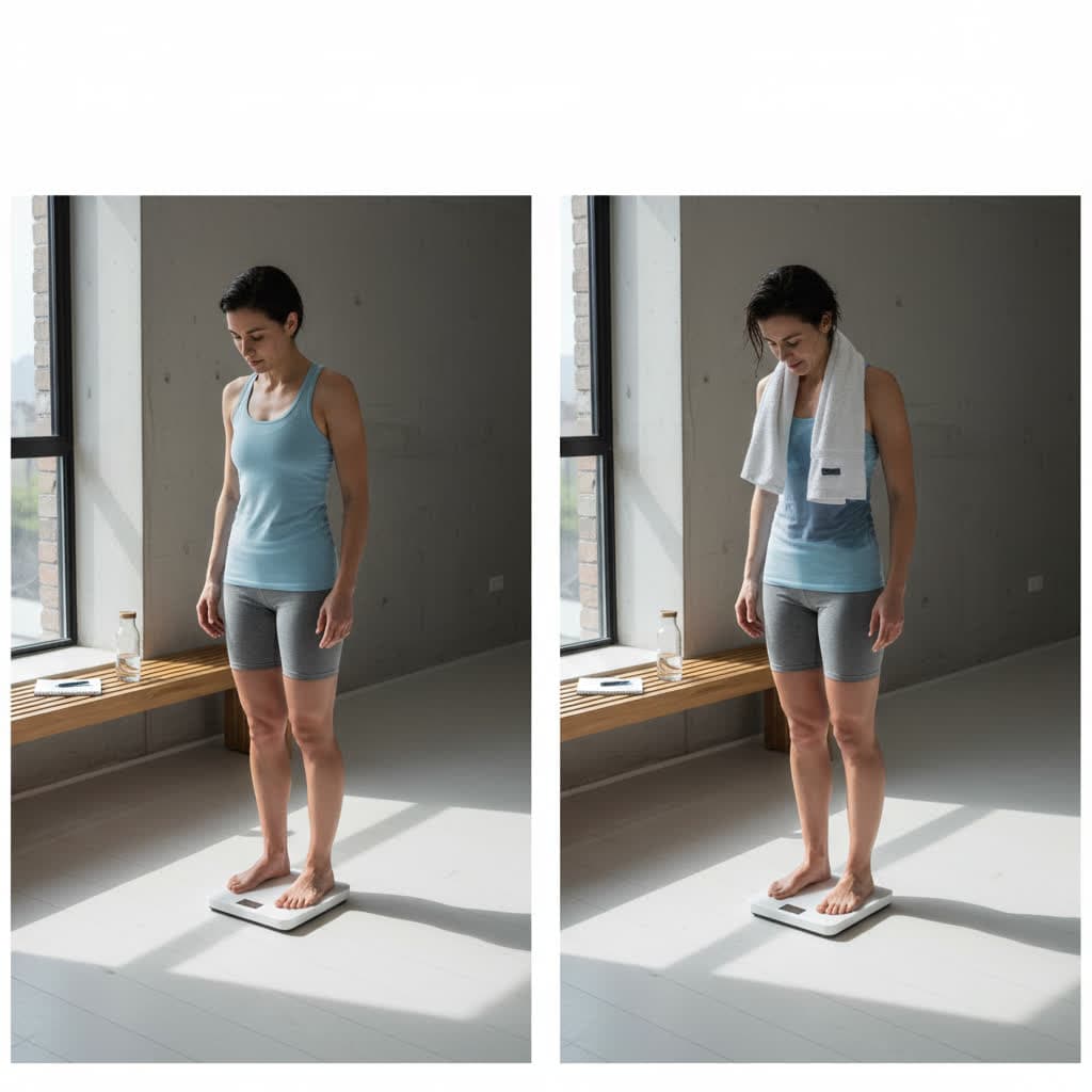 Runner stepping on a scale before and after a training run to calculate sweat rate