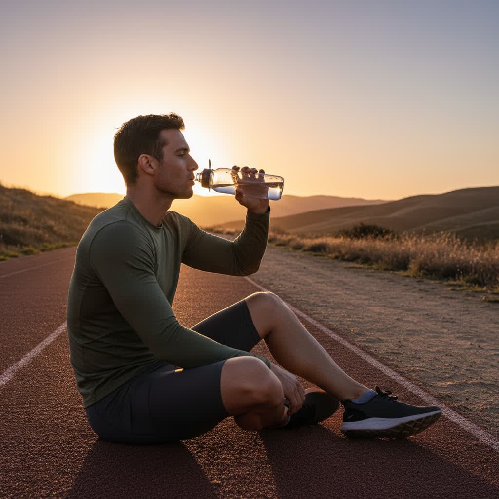 Athlete slowly sipping water after a long run at sunset