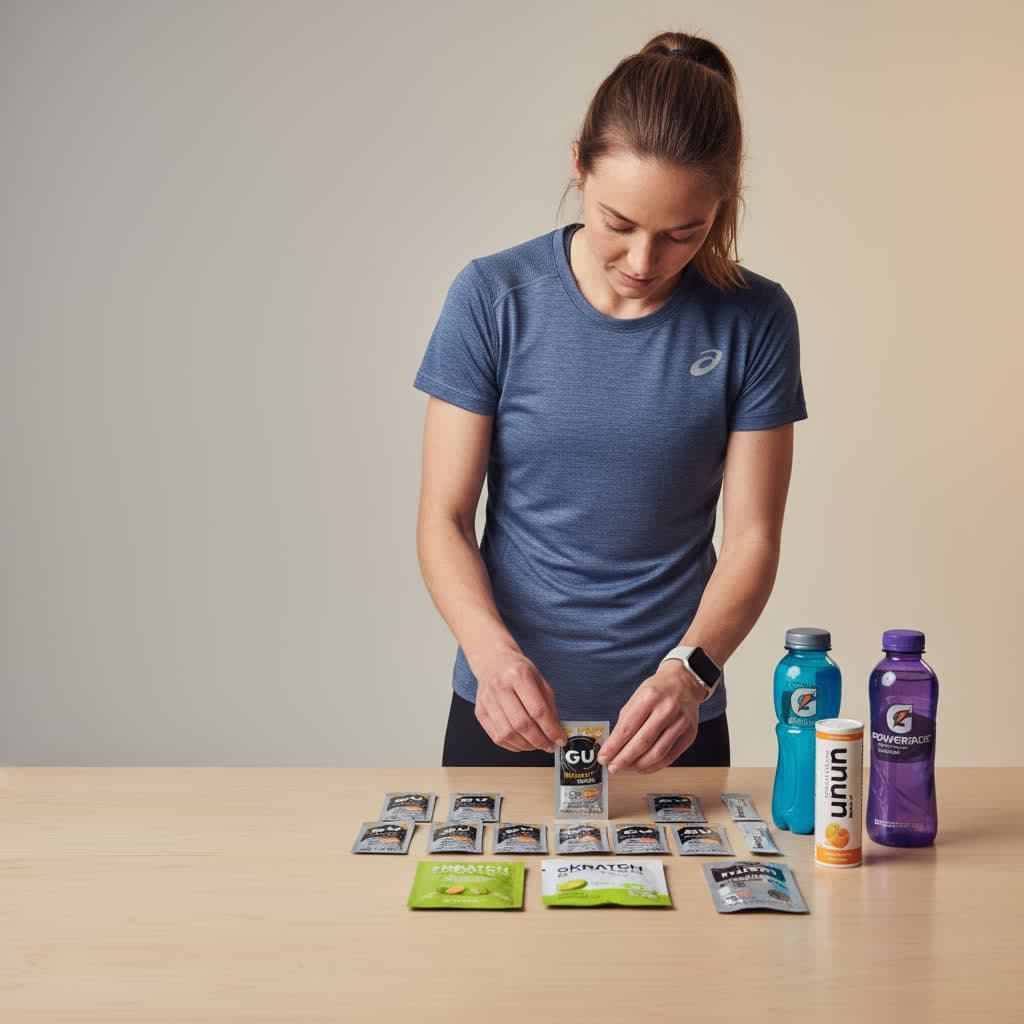 Selection of electrolyte bottles and gels for endurance athletes