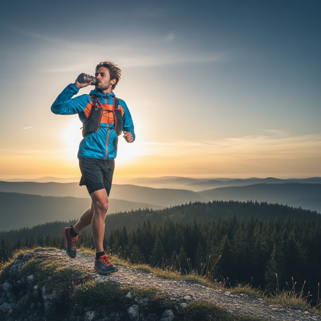 Runner sipping from a soft flask on a sunrise trail run