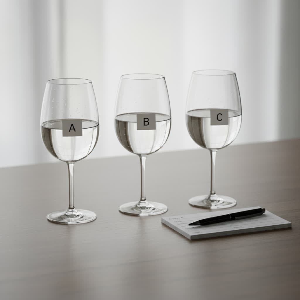 Blind taste test setup comparing tap, filtered, and bottled water