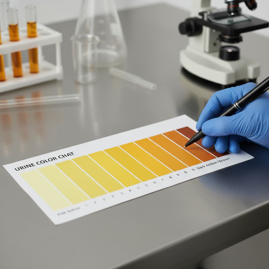 Comprehensive urine color chart showing hydration levels from well-hydrated to severely dehydrated