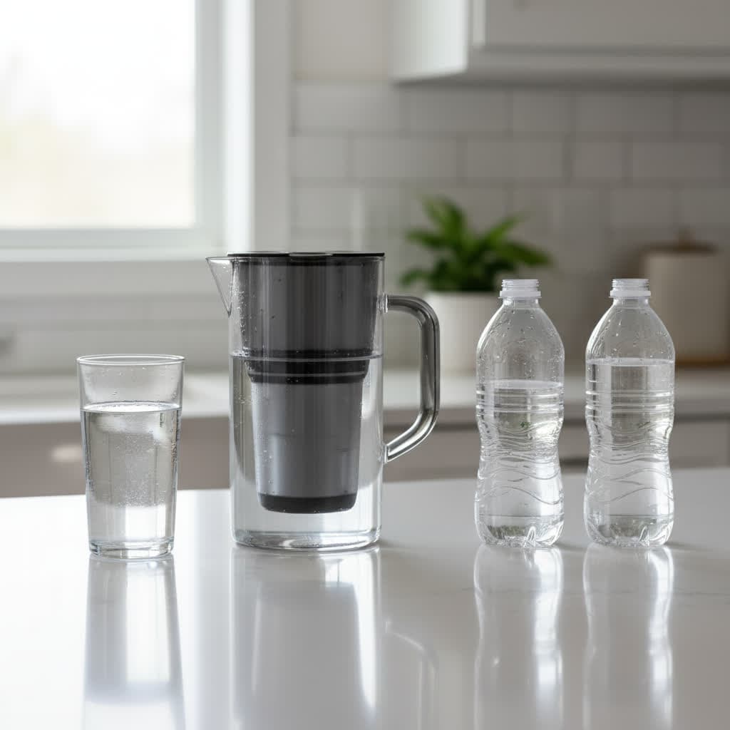 Tap, bottled, and filtered water side-by-side on a kitchen counter